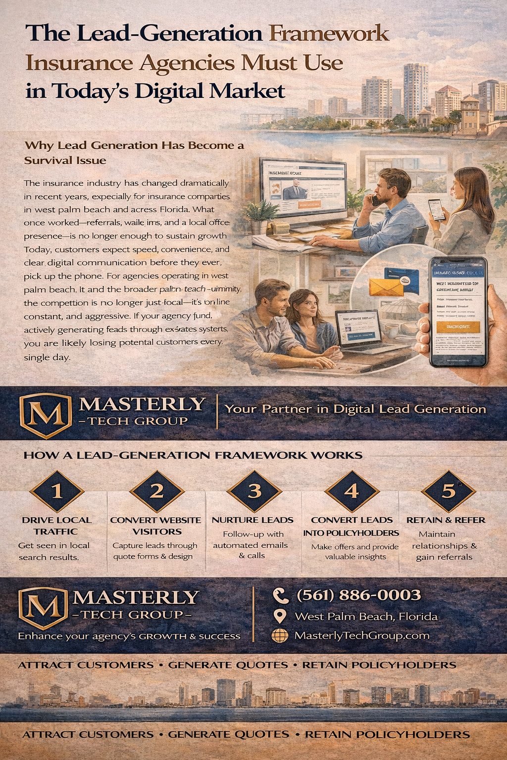 The Lead-Generation Framework Insurance Agencies Must Use in Today’s Digital Market,” showing a five-step process—drive traffic, convert visitors, nurture leads, convert clients, and retain customers—along with digital marketing visuals and Masterly Tech Group branding.