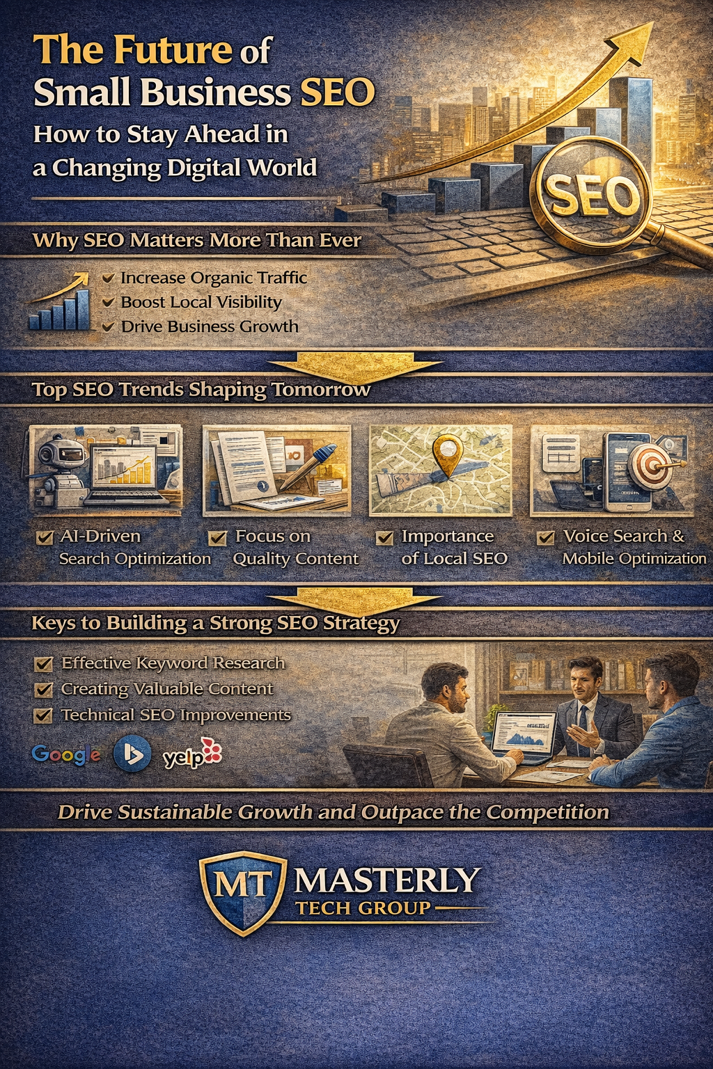 Infographic about the future of small business SEO, highlighting key trends like AI-driven search, local SEO, and content strategy, along with steps for building a strong SEO strategy to increase organic traffic, visibility, and long-term business growth.