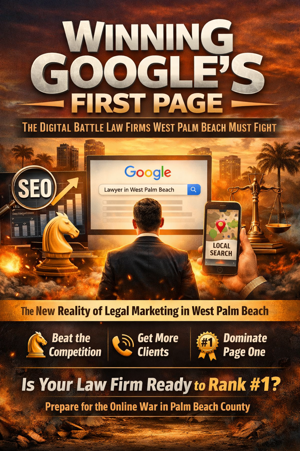 Winning Google’s First Page digital marketing graphic for West Palm Beach law firms, featuring a lawyer facing a Google search screen, SEO symbols, local search map, and bold text about dominating page one rankings and gaining more clients.