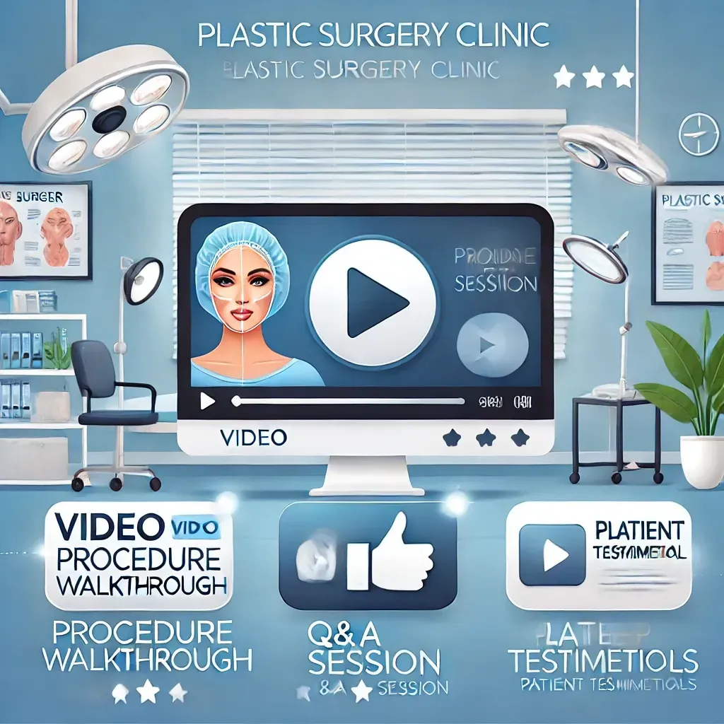 An advertisement for a plastic surgery clinic with a video on a computer screen.