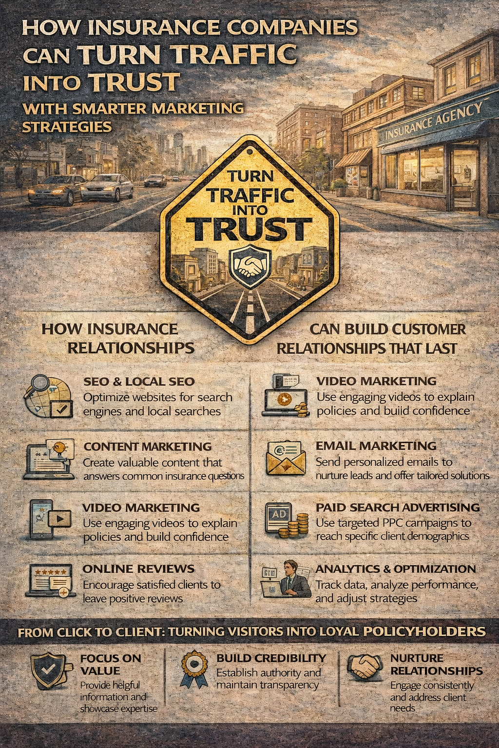 How Insurance Companies Can Turn Traffic Into Trust With Smarter Marketing Strategies.” It features a vintage-style city street with an insurance agency storefront and a central badge reading “Turn Traffic Into Trust” with a handshake icon. The graphic is divided into sections outlining marketing strategies, including SEO and local SEO, content marketing, video marketing, email marketing, paid search advertising, online reviews, and analytics. Each section includes small icons and brief descriptions explaining how to attract and engage potential clients. A final section highlights key principles such as focusing on value, building credibility, and nurturing relationships to convert website visitors into long-term, loyal policyholders.