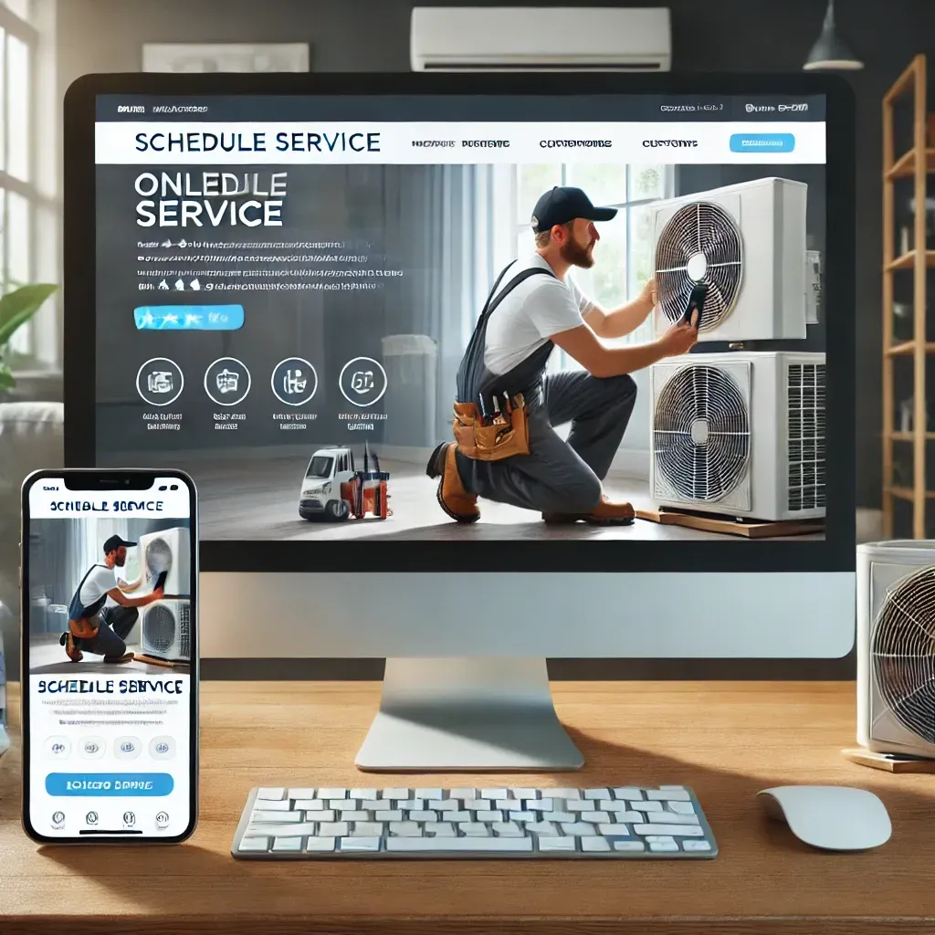 A modern HVAC company website displayed on a desktop and mobile device, featuring an online booking system, a 'Schedule Service' button, and customer reviews. The background includes a professional HVAC technician working on an air conditioning unit. The interface is clean, user-friendly, and optimized for easy navigation.