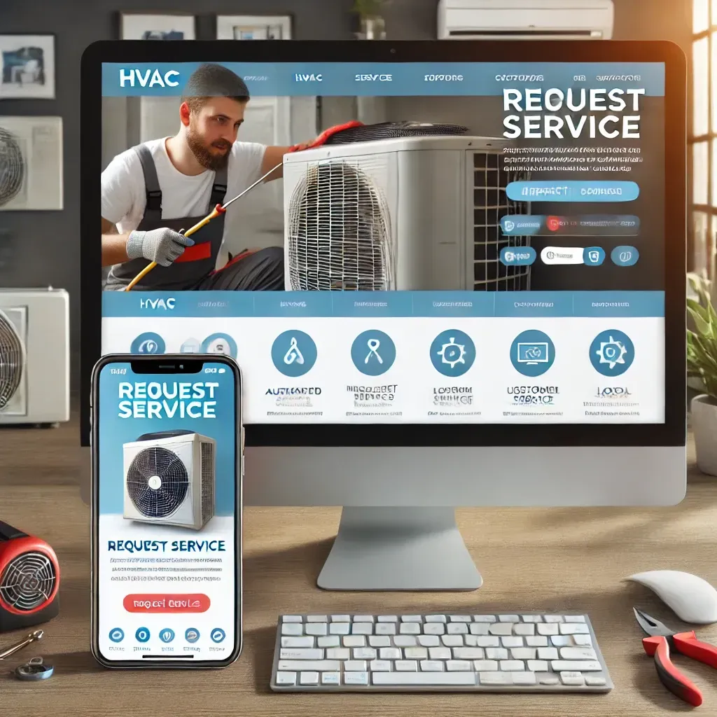A modern HVAC business website displayed on a desktop and mobile device, featuring an automated booking system, clear 'Request Service' call-to-action buttons, and an intuitive, mobile-friendly design. The website layout includes HVAC service pages, customer testimonials, and SEO-optimized elements for local search rankings. In the background, an HVAC technician is servicing an air conditioning unit, symbolizing professional expertise.