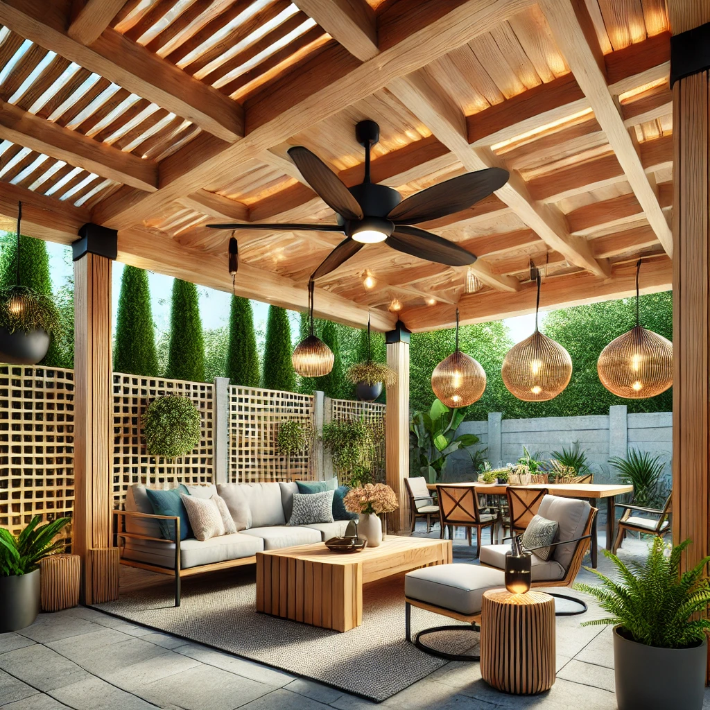 A patio with a ceiling fan and a couch and chairs under a pergola.