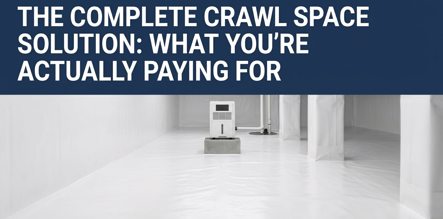 White crawl space with a dehumidifier in the center. Text on a blue banner reads