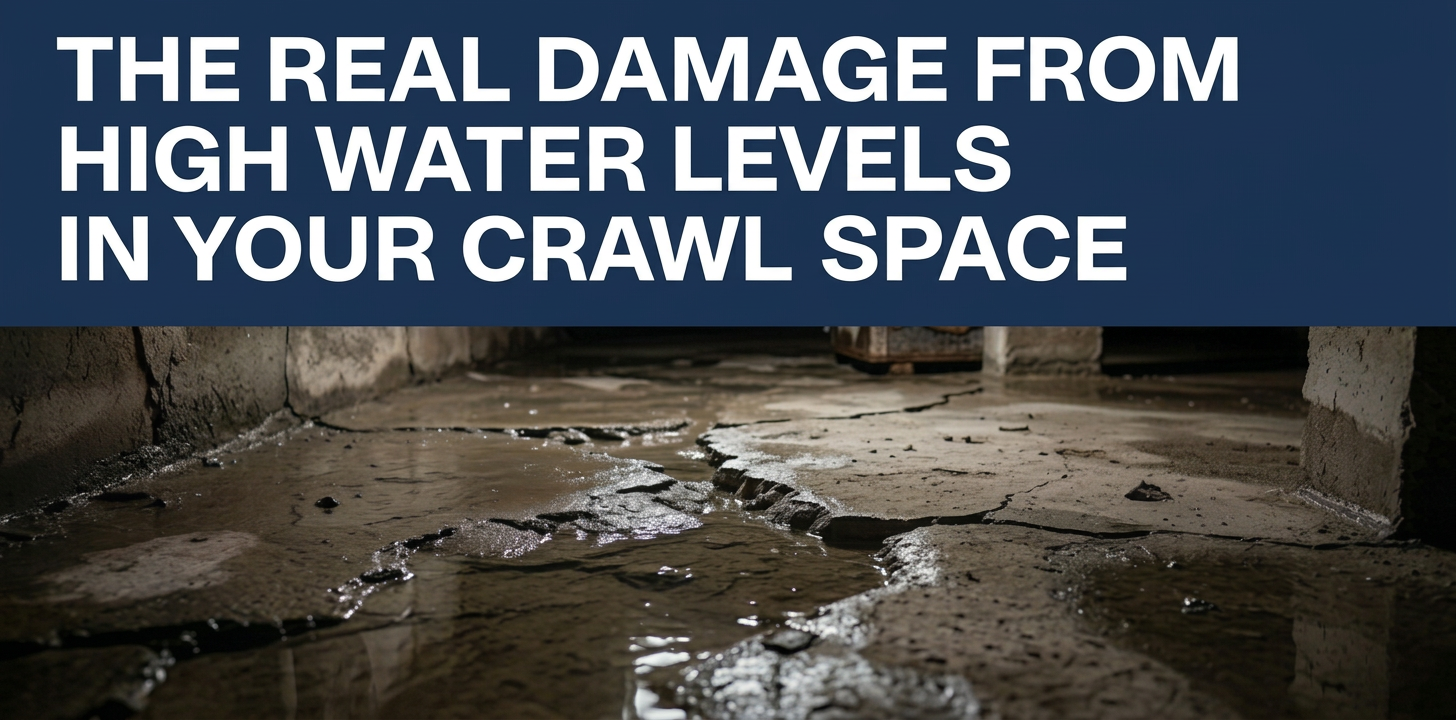 Crawl space with water damage on cracked concrete floor. Text reads 