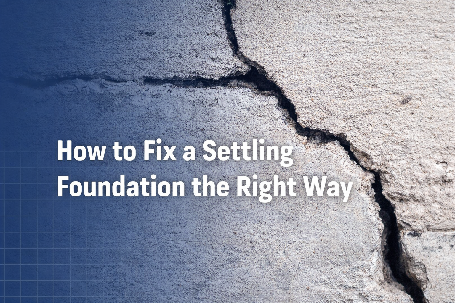 Close-up of a large crack in concrete with the text 