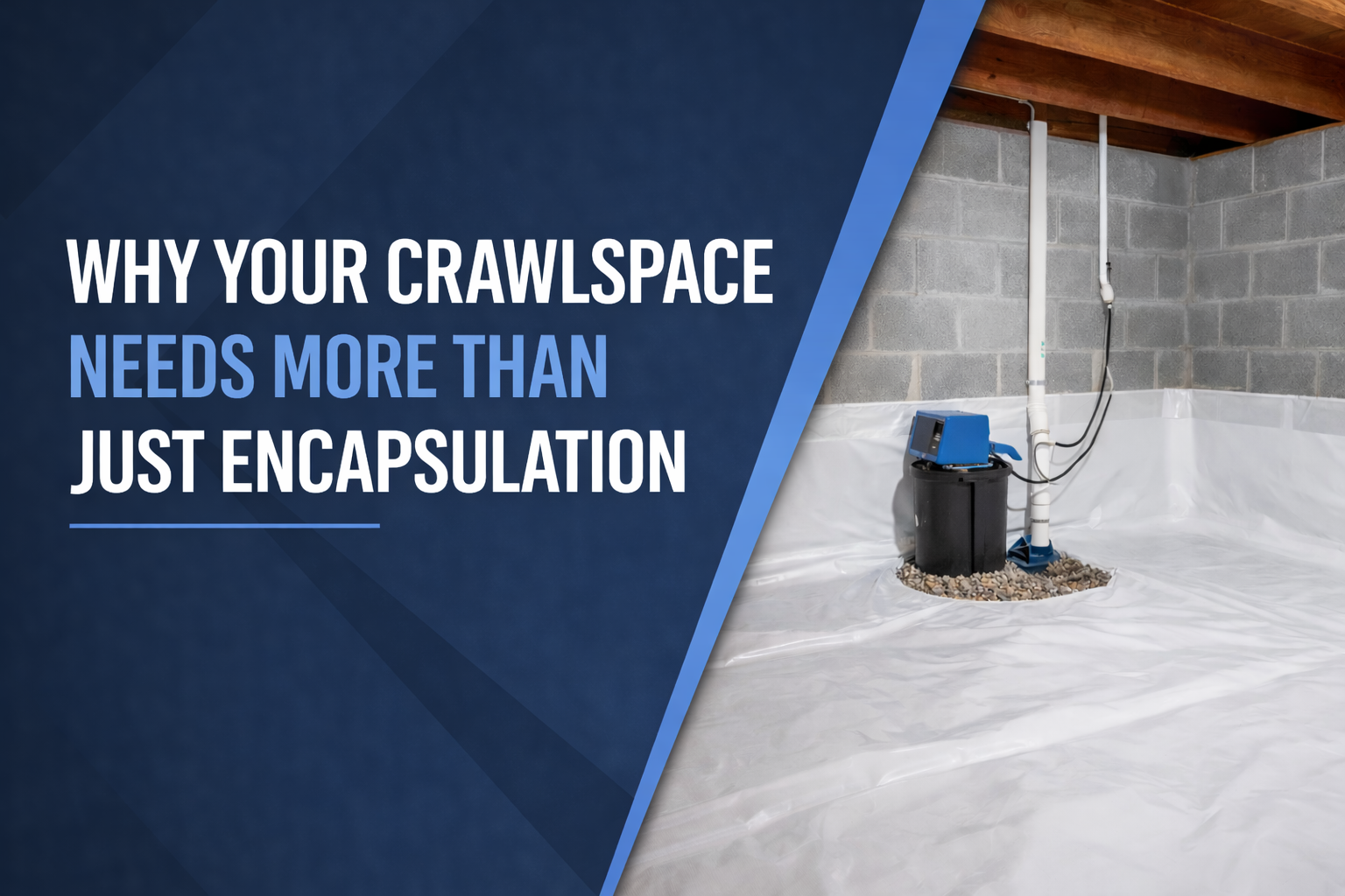Text: “Why your crawlspace needs more than just encapsulation” beside a crawlspace with white vapor barrier and equipment