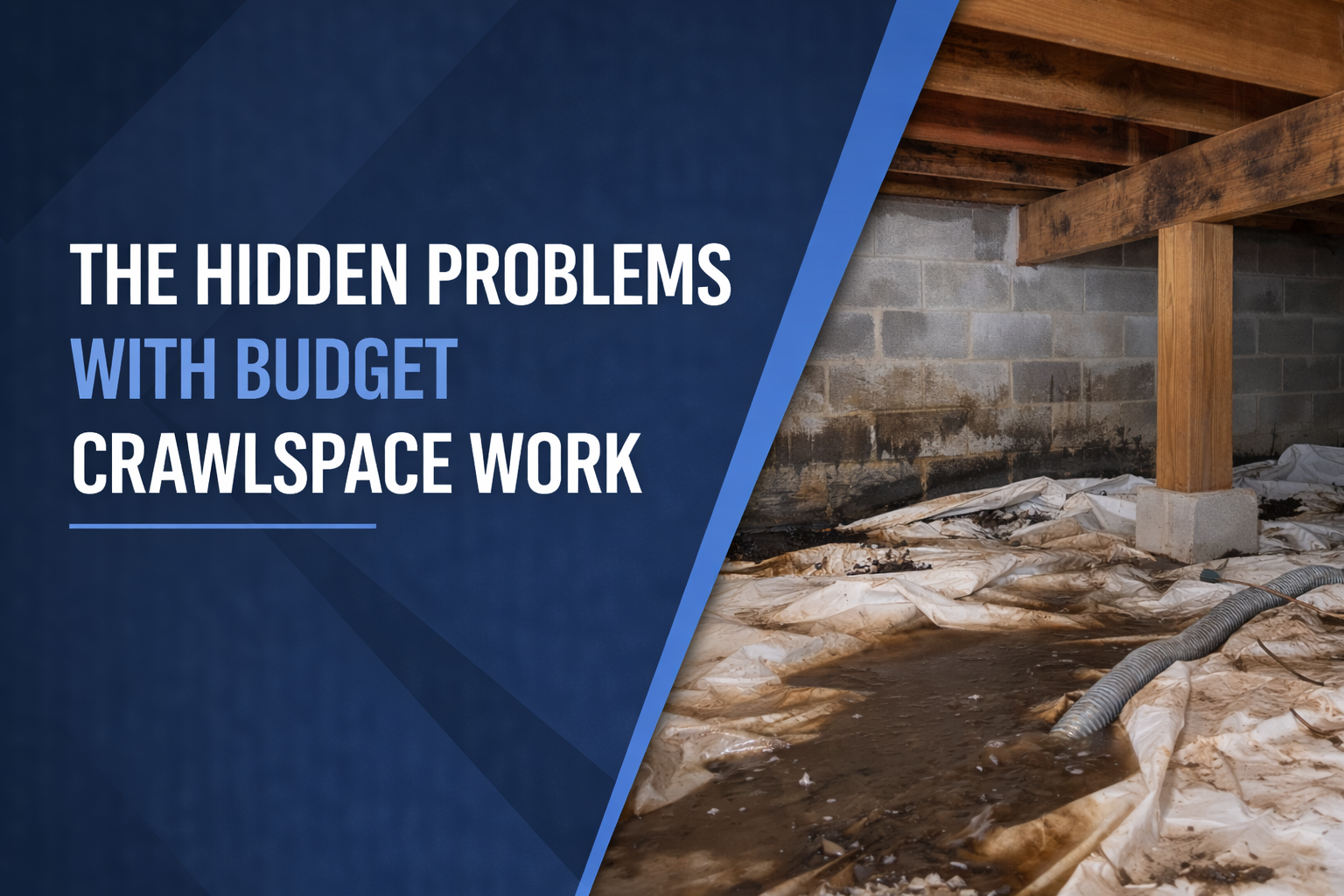 Text overlay on crawlspace photo: “The hidden problems with budget crawlspace work.”