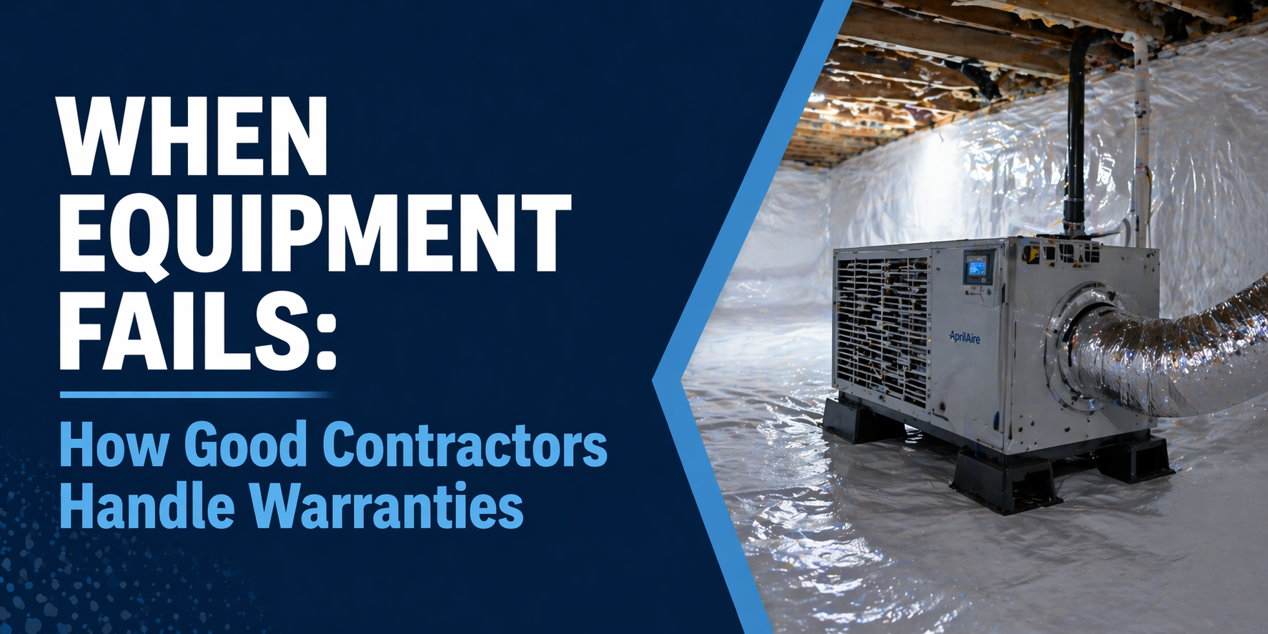 When equipment fails: blue-and-white title beside flooded HVAC unit in a damaged building interior