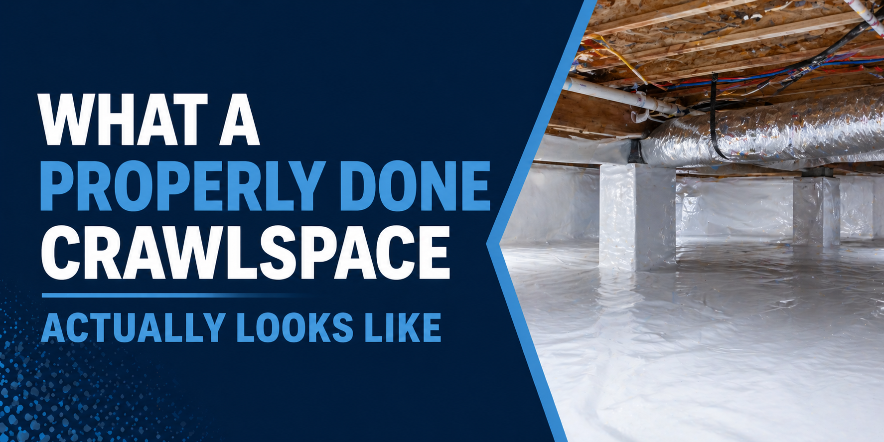 Graphic of a clean, white crawlspace with text: “What a properly done crawlspace actually looks like.”