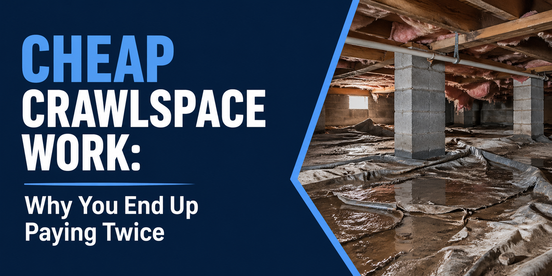 Blue ad with text “CHEAP CRAWLSPACE WORK” beside a muddy crawlspace with exposed beams and pipes