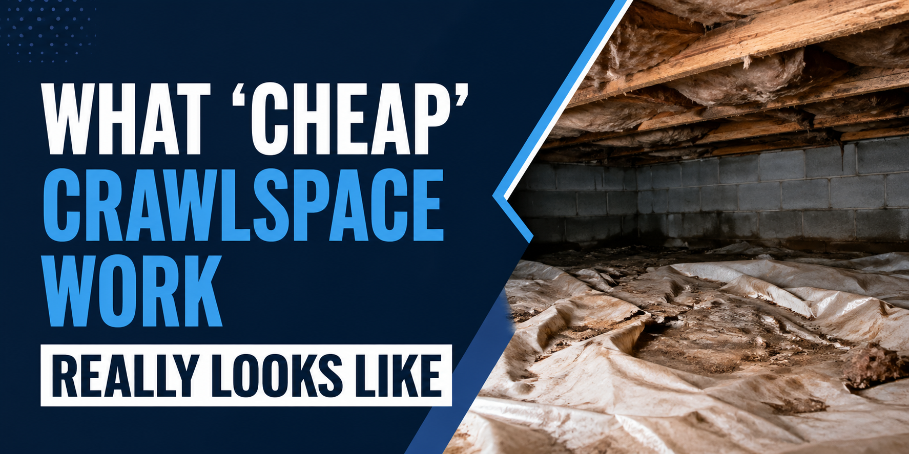 Text graphic reading “WHAT ‘CHEAP’ CRAWLSPACE WORK REALLY LOOKS LIKE” over a crawlspace debris photo