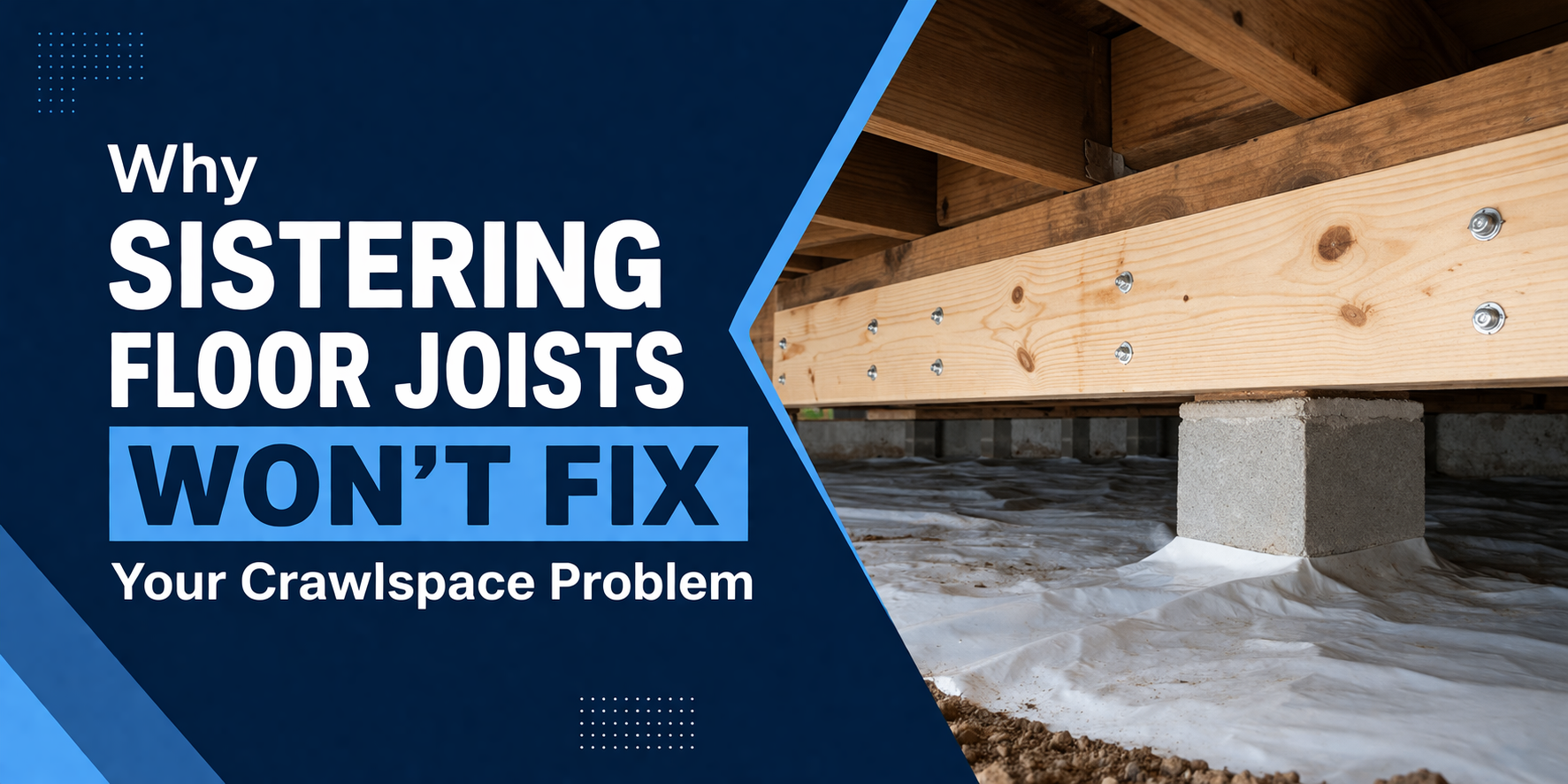A crawlspace showing wooden floor joists reinforced with sistered boards, alongside the text: