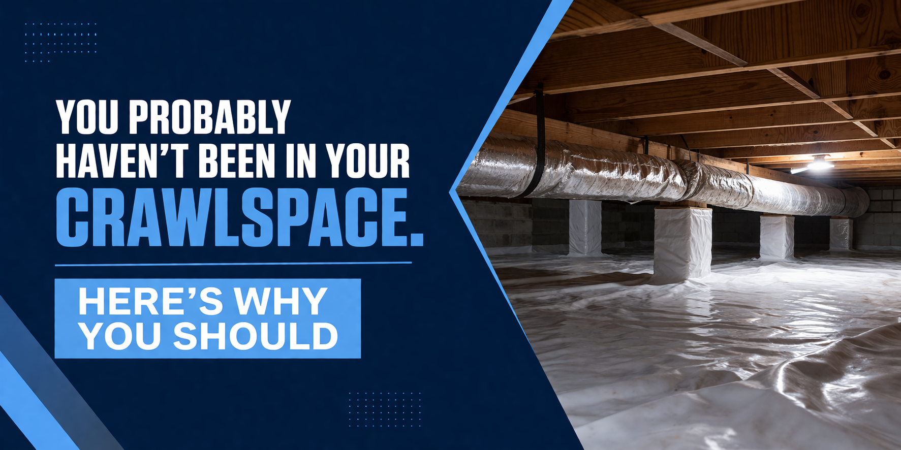 A crawlspace under a house featuring support columns and ductwork above a clean vapor barrier, with text about its care.