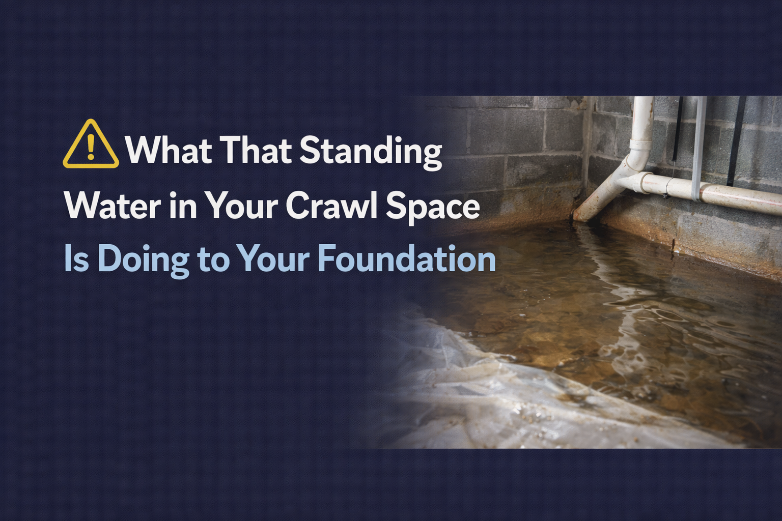 Standing water in a crawl space, next to a foundation wall with a pipe. Warning message: