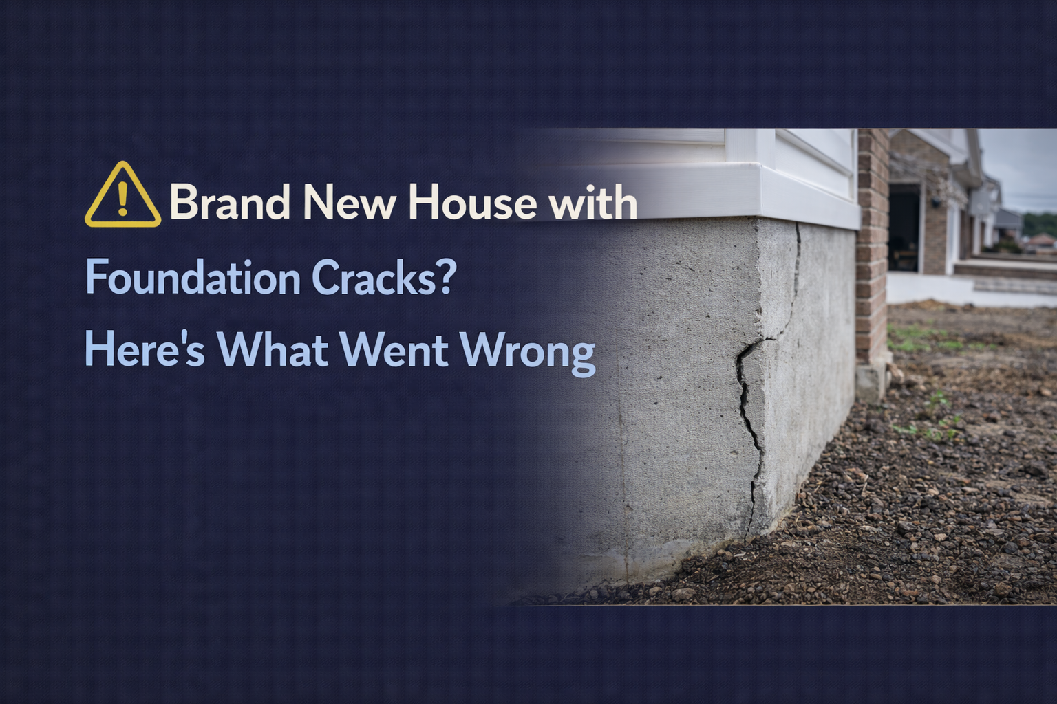 Cracked foundation of a new house with text: