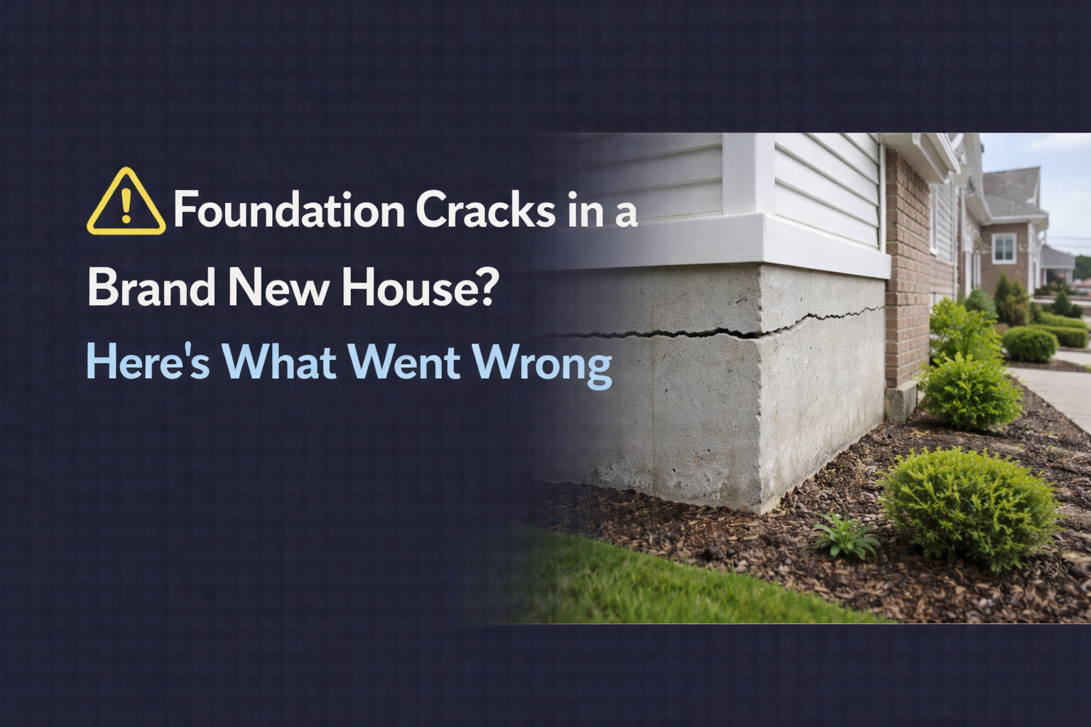 Cracked foundation on a new house. Text: 