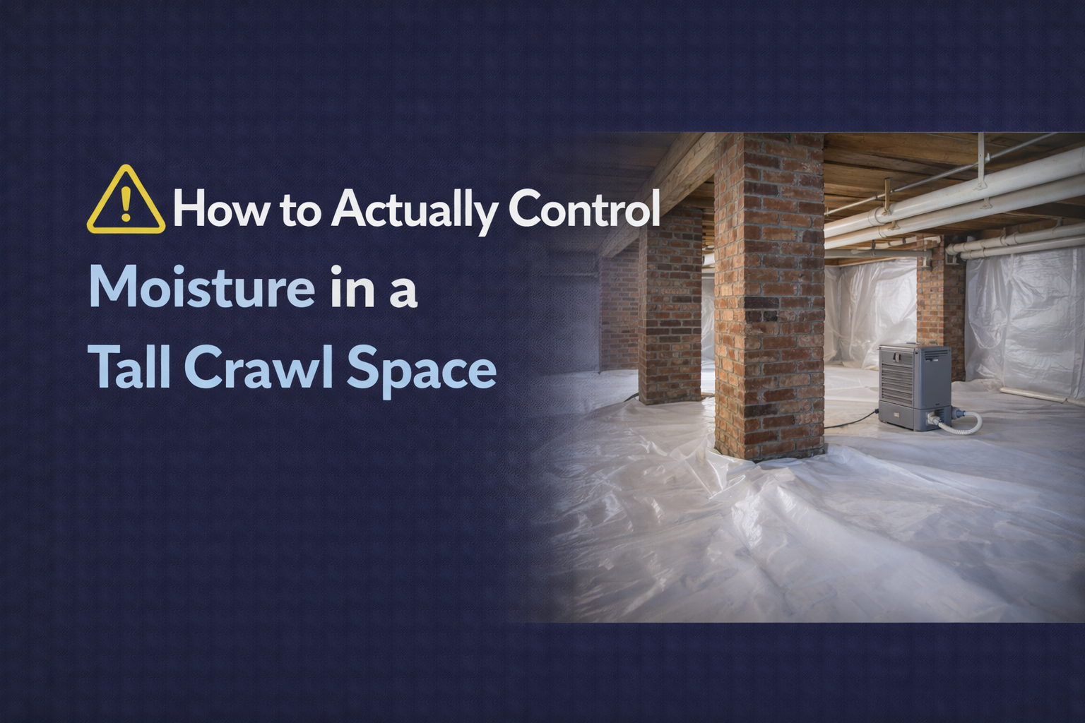 Title graphic: How to control moisture in a tall crawl space. Interior view shows plastic sheeting and brick supports.