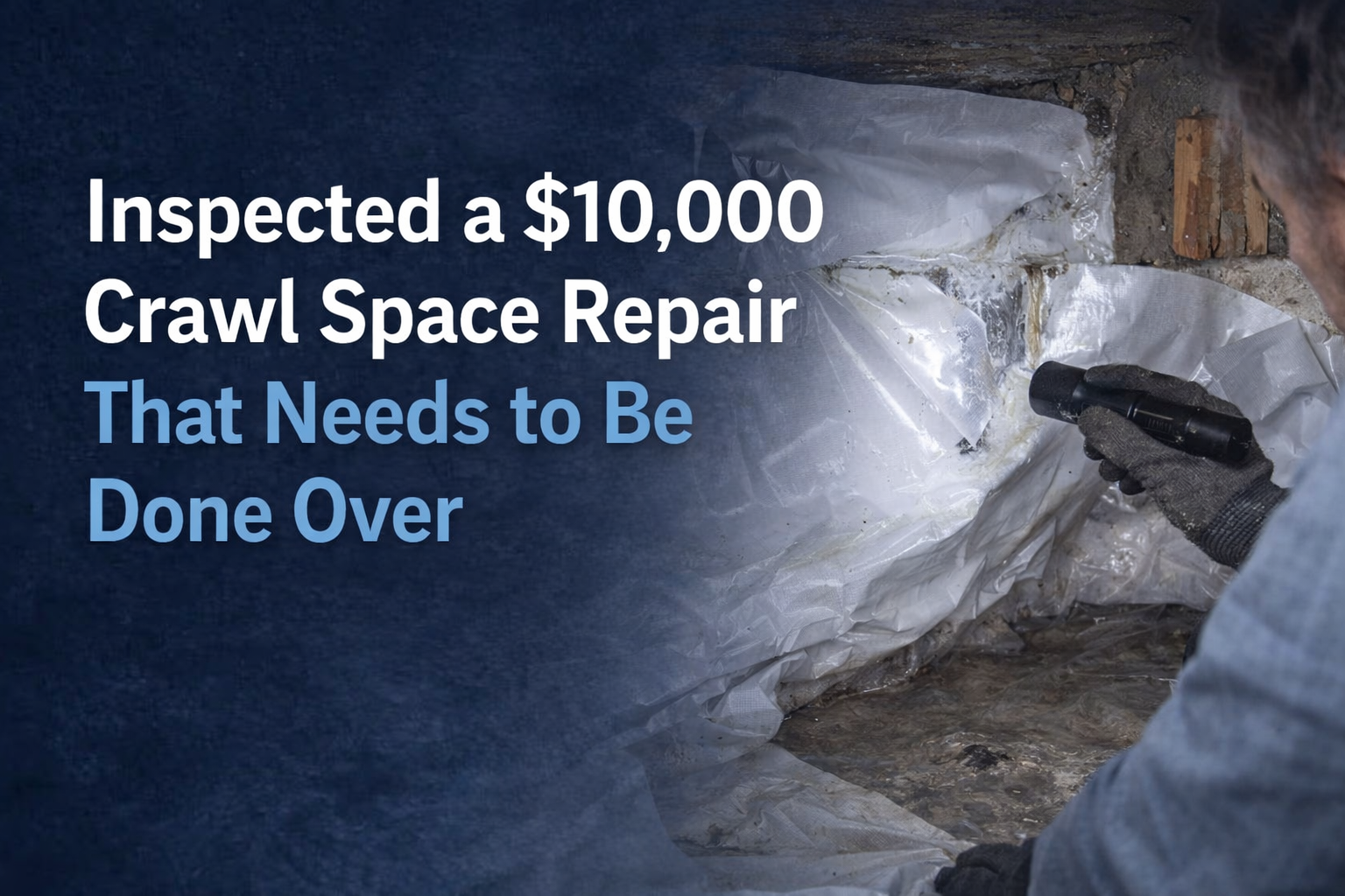 A person uses a flashlight to inspect plastic vapor barrier sheeting in a crawl space, with text overlay about repair work.