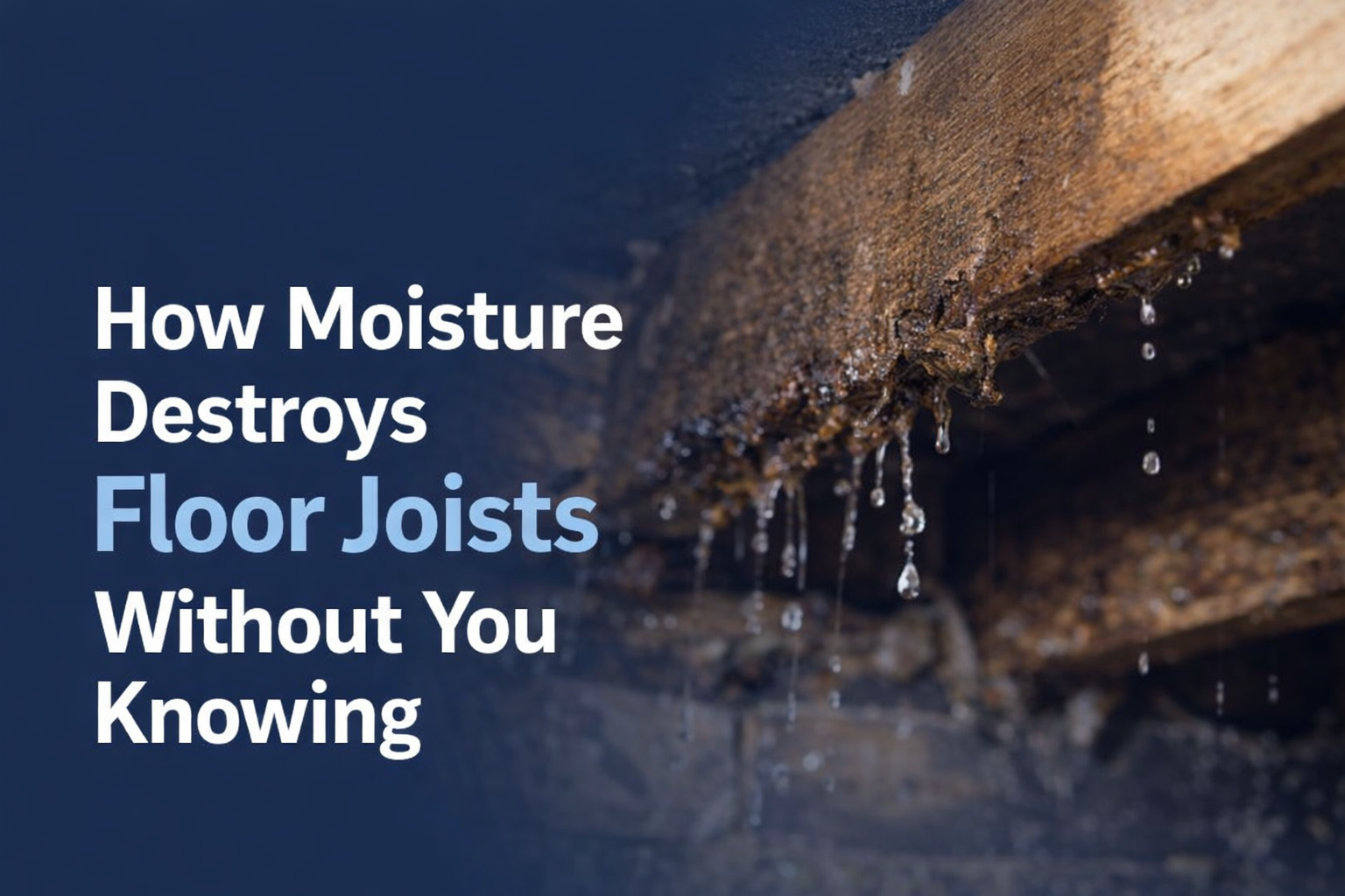 A wooden floor joist damaged by moisture, with water droplets hanging from it, next to the text: How Moisture Destroys.