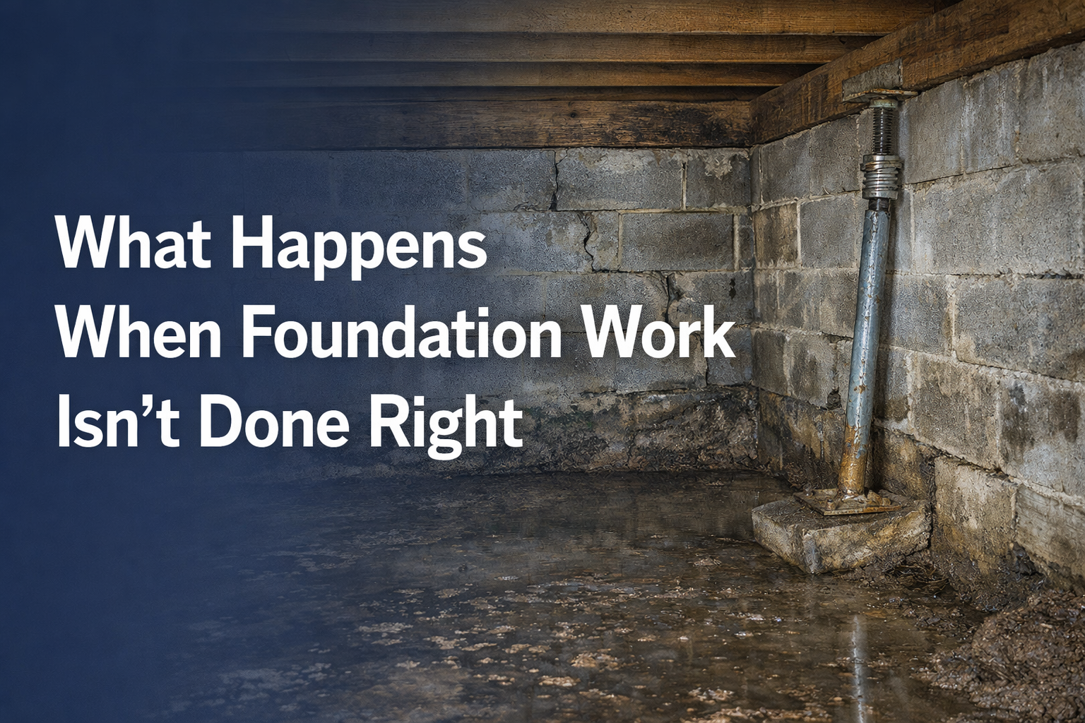 A dark, damp basement with a cracked concrete block wall and a metal support column on a concrete base.