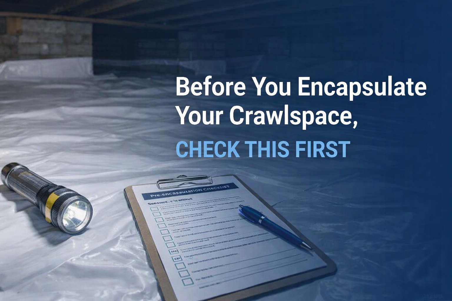 A flashlight, clipboard, and pen sit on white plastic sheeting inside a crawlspace under text:
