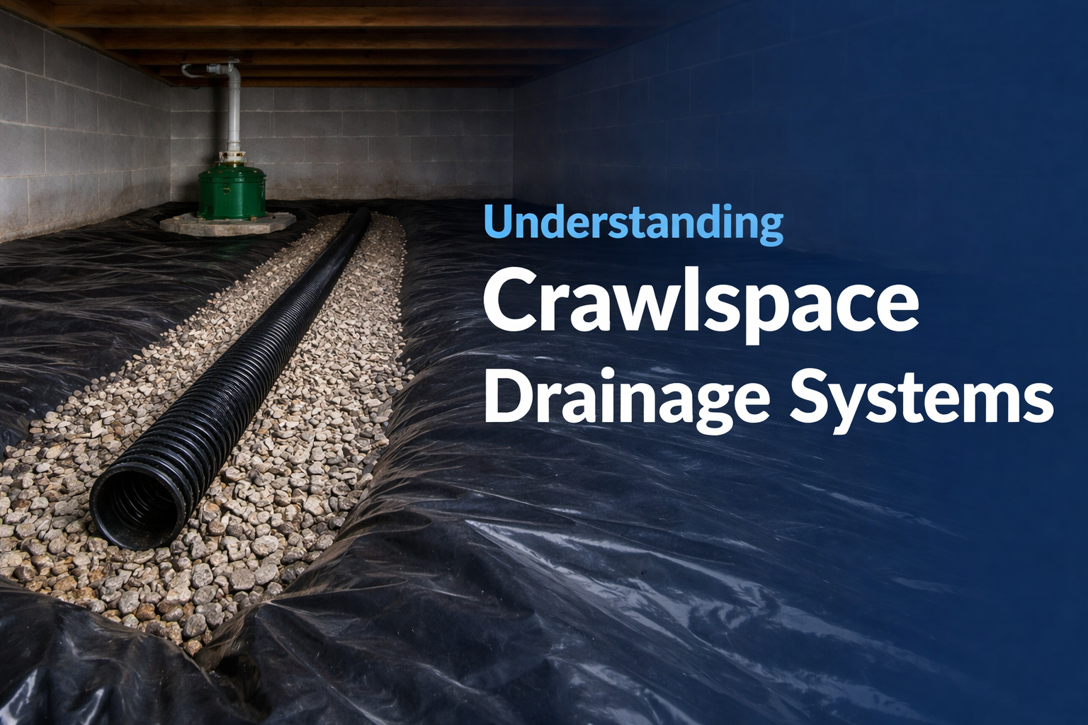 A crawlspace with a black plastic liner, gravel, and a drainage pipe leading to a sump pump, titled