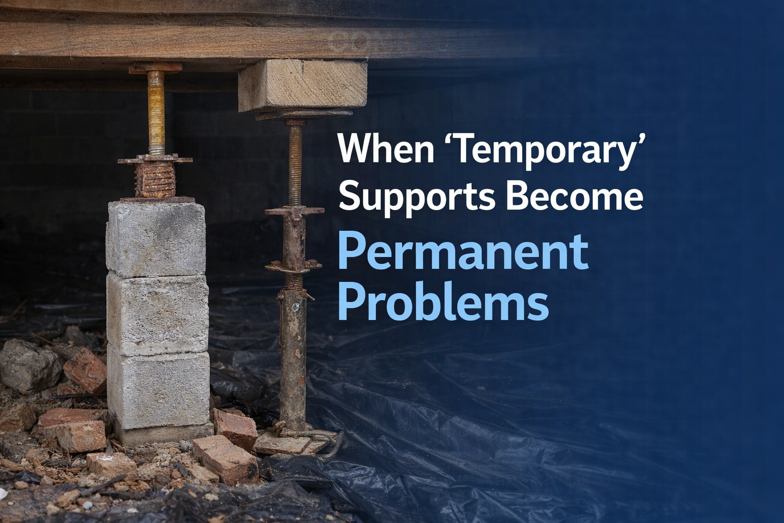 Crawl space supports made of stacked concrete blocks and rusty metal screw jacks under a wooden floor beam.