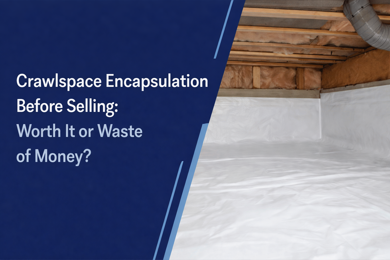 A crawlspace with white vapor barrier flooring and walls, featuring text about the value of encapsulation before selling.