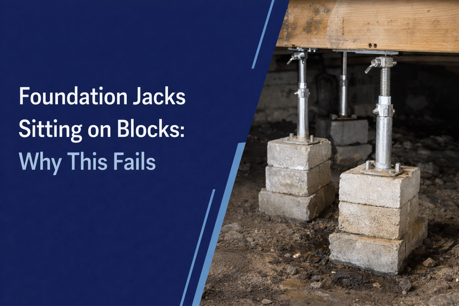 Adjustable foundation jacks stacked on concrete blocks underneath a floor joist, with the text
