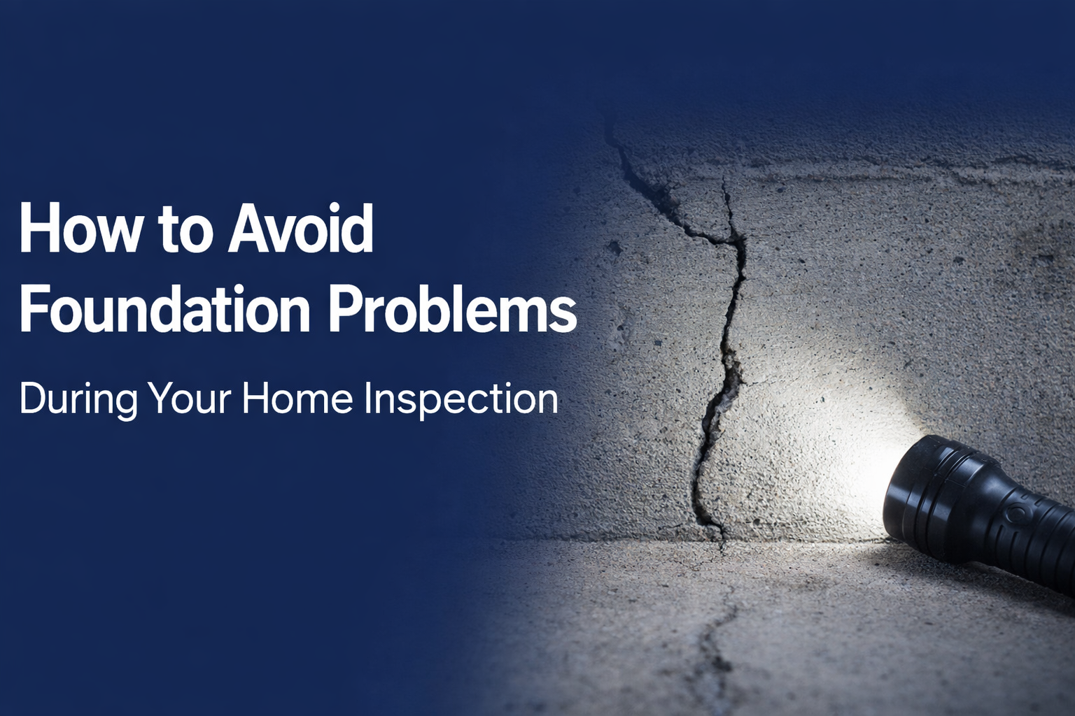 A flashlight illuminates a crack in a concrete foundation next to the text: