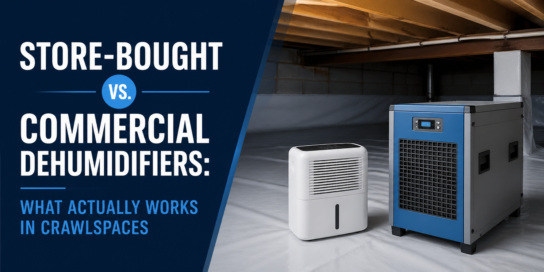 Store-bought vs. commercial dehumidifiers: two dehumidifiers in a warehouse-like space