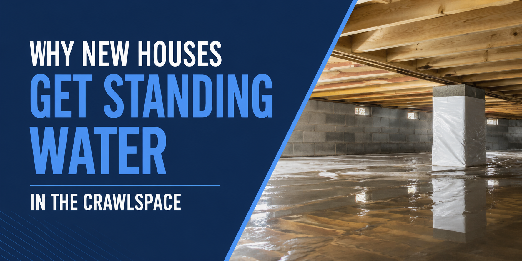 Standing water in a home crawlspace beneath wooden beams, with bold text about new houses.