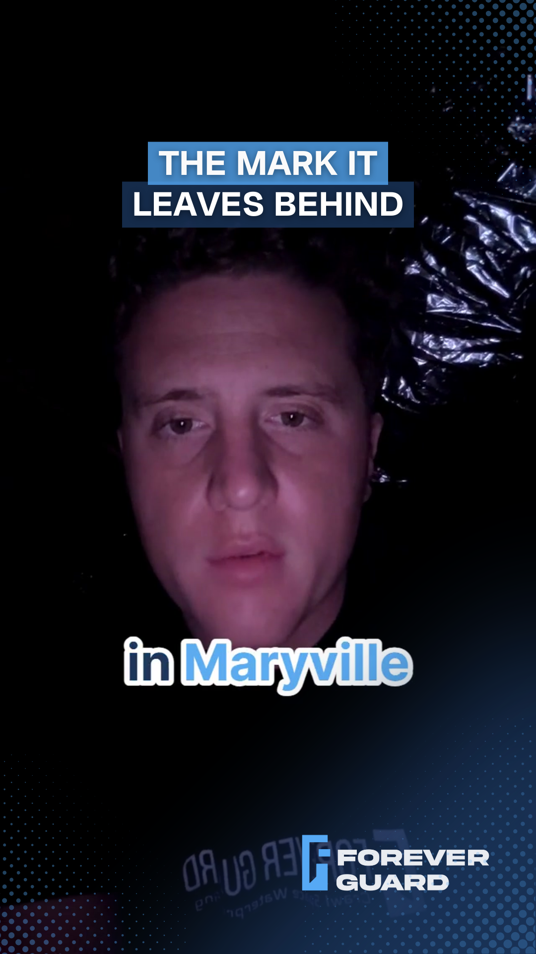 A man in a dark setting, the text 