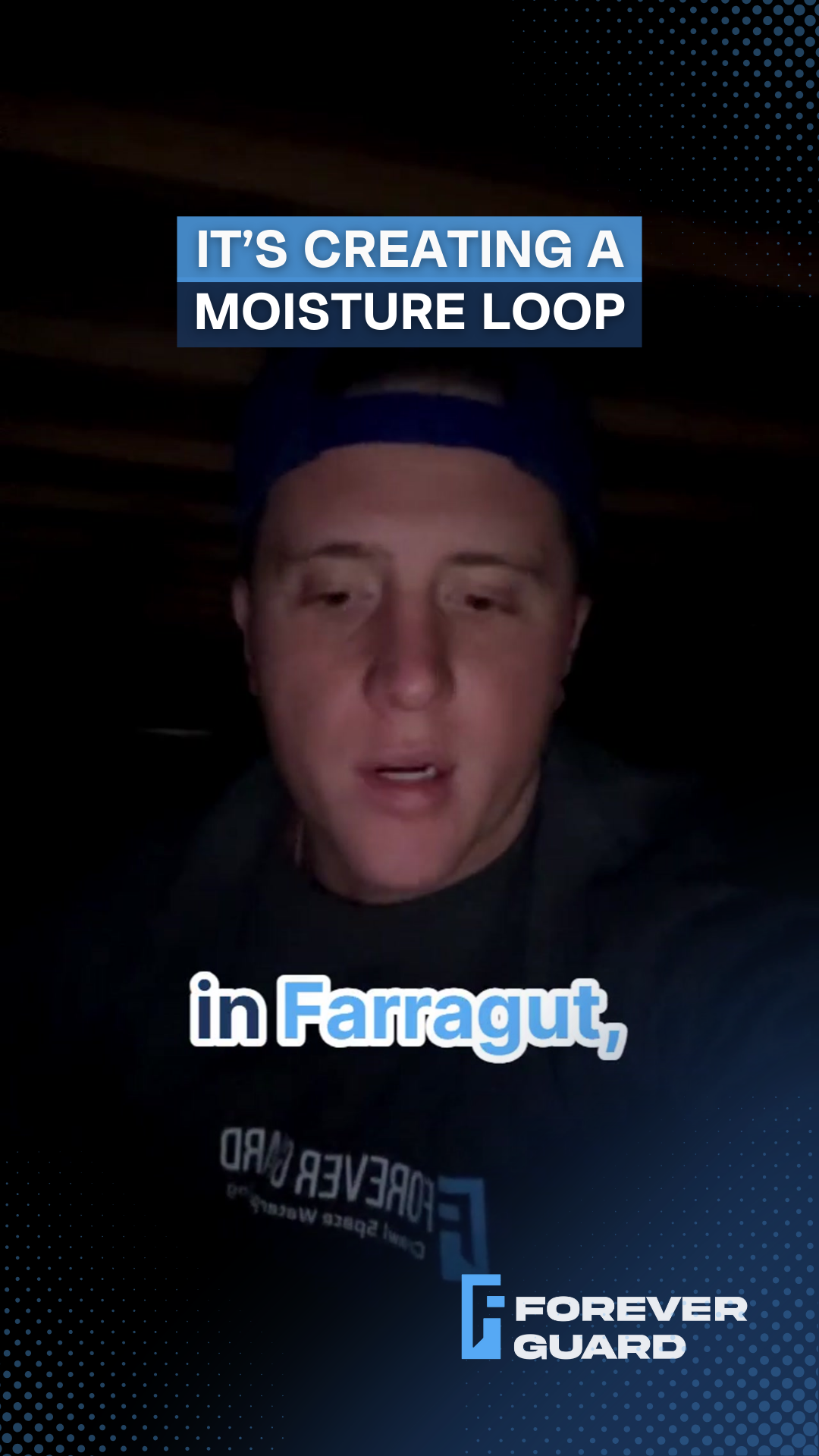 Man in dark setting speaking, text overlay: 