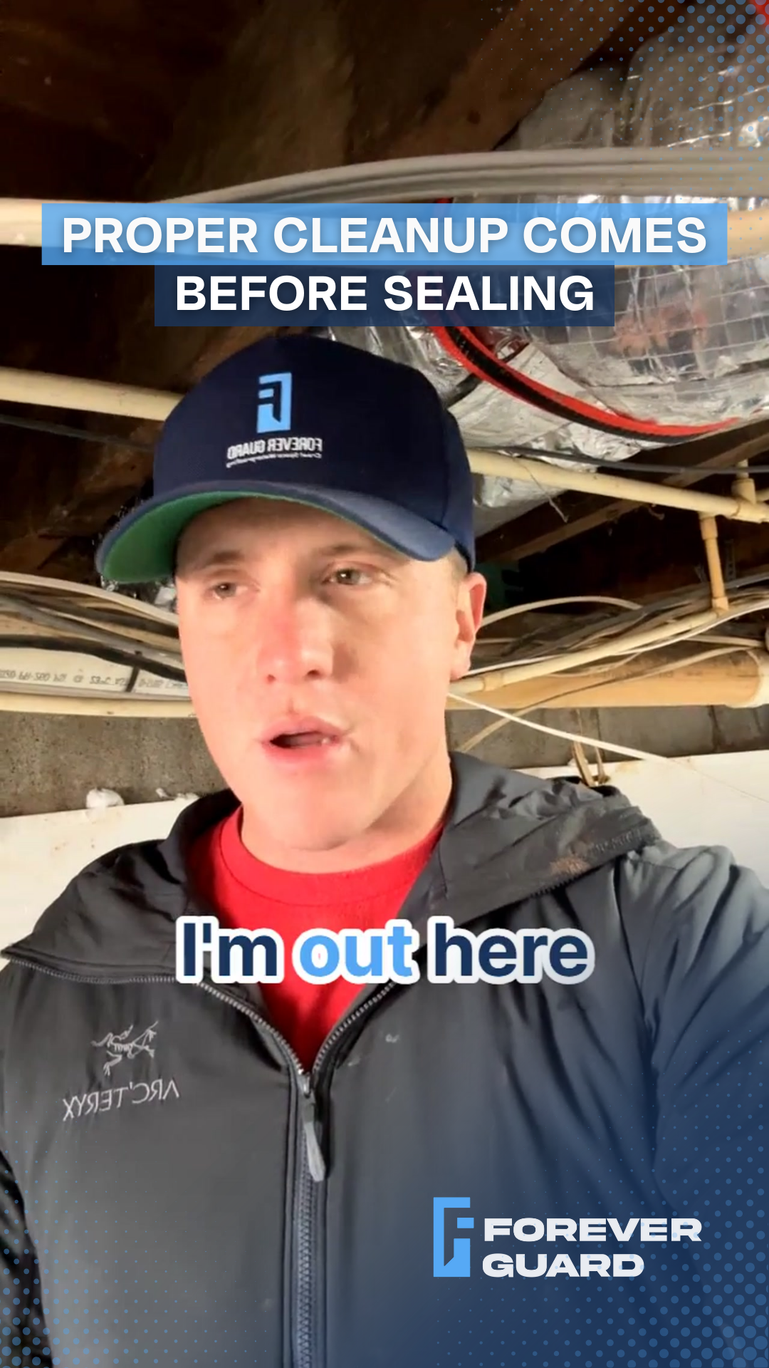 Man in a cap, jacket in a crawl space. Text says 