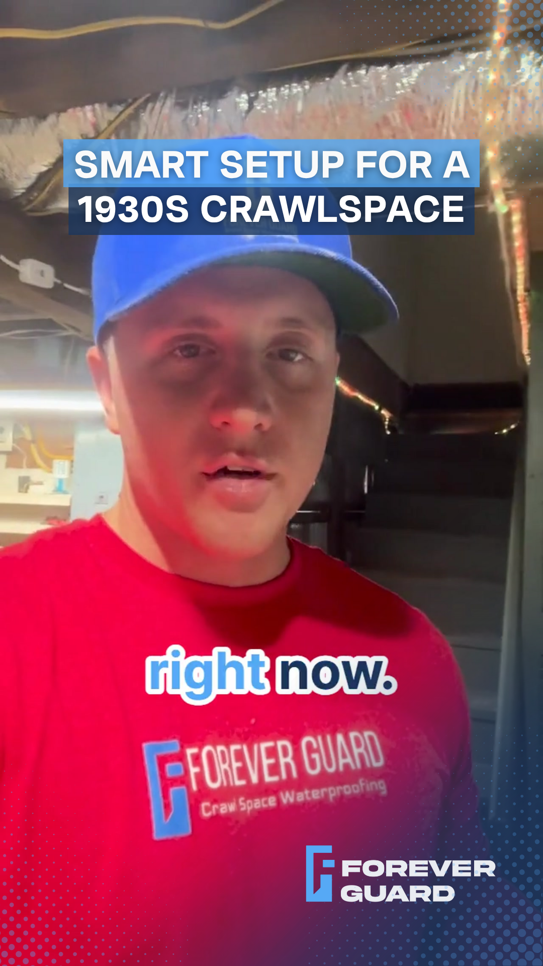Man in red shirt and blue hat in a crawlspace. Text overlay reads 
