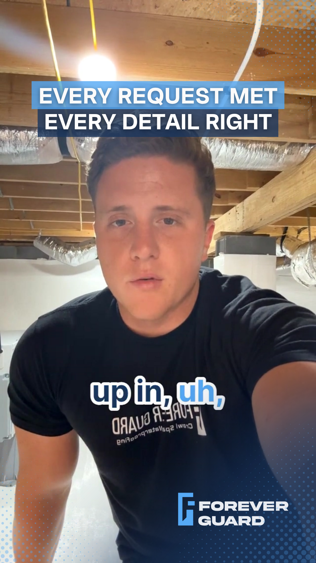 Man in black shirt, basement setting, text overlay: 