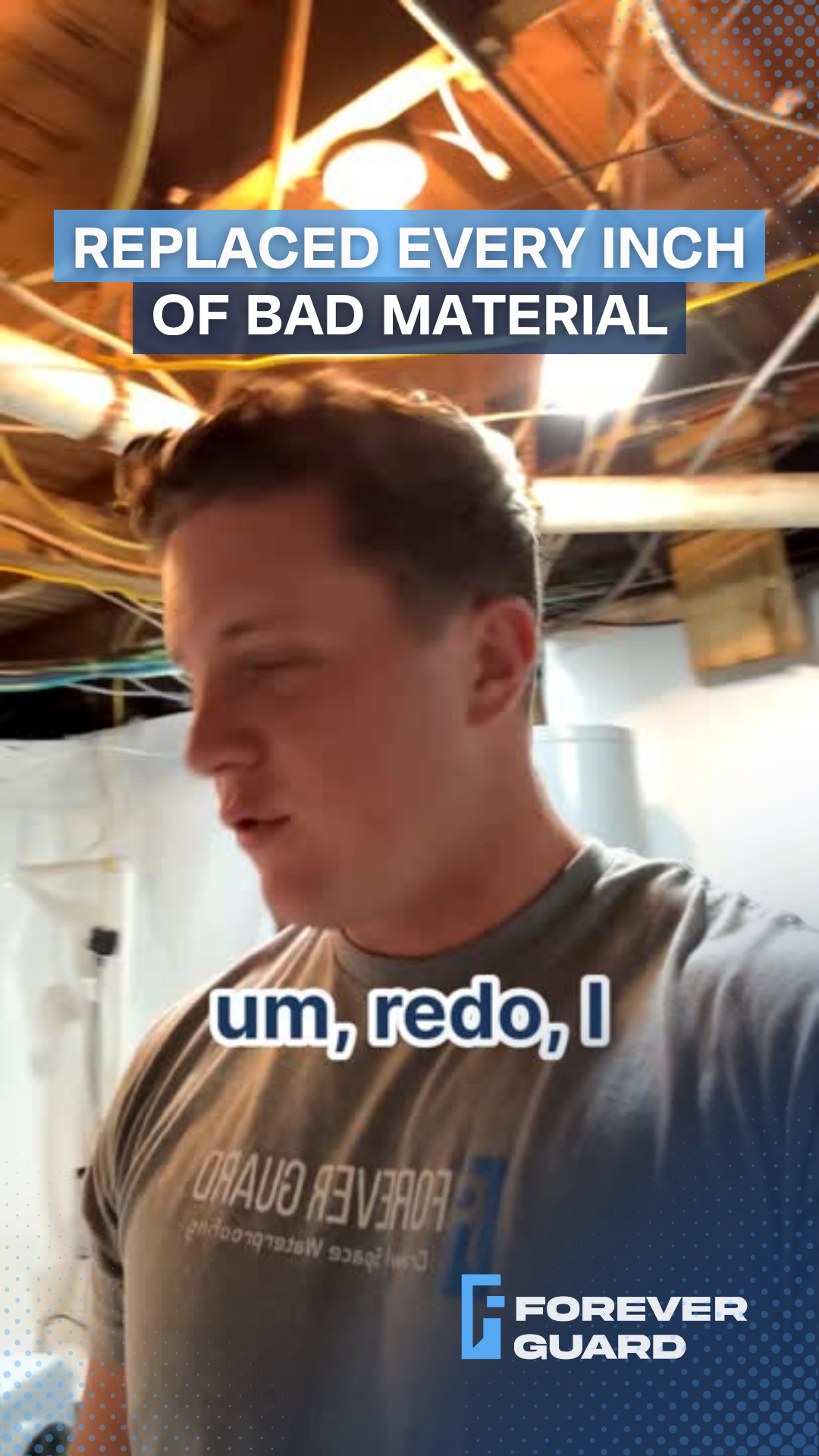 Man in a basement, text overlay: 
