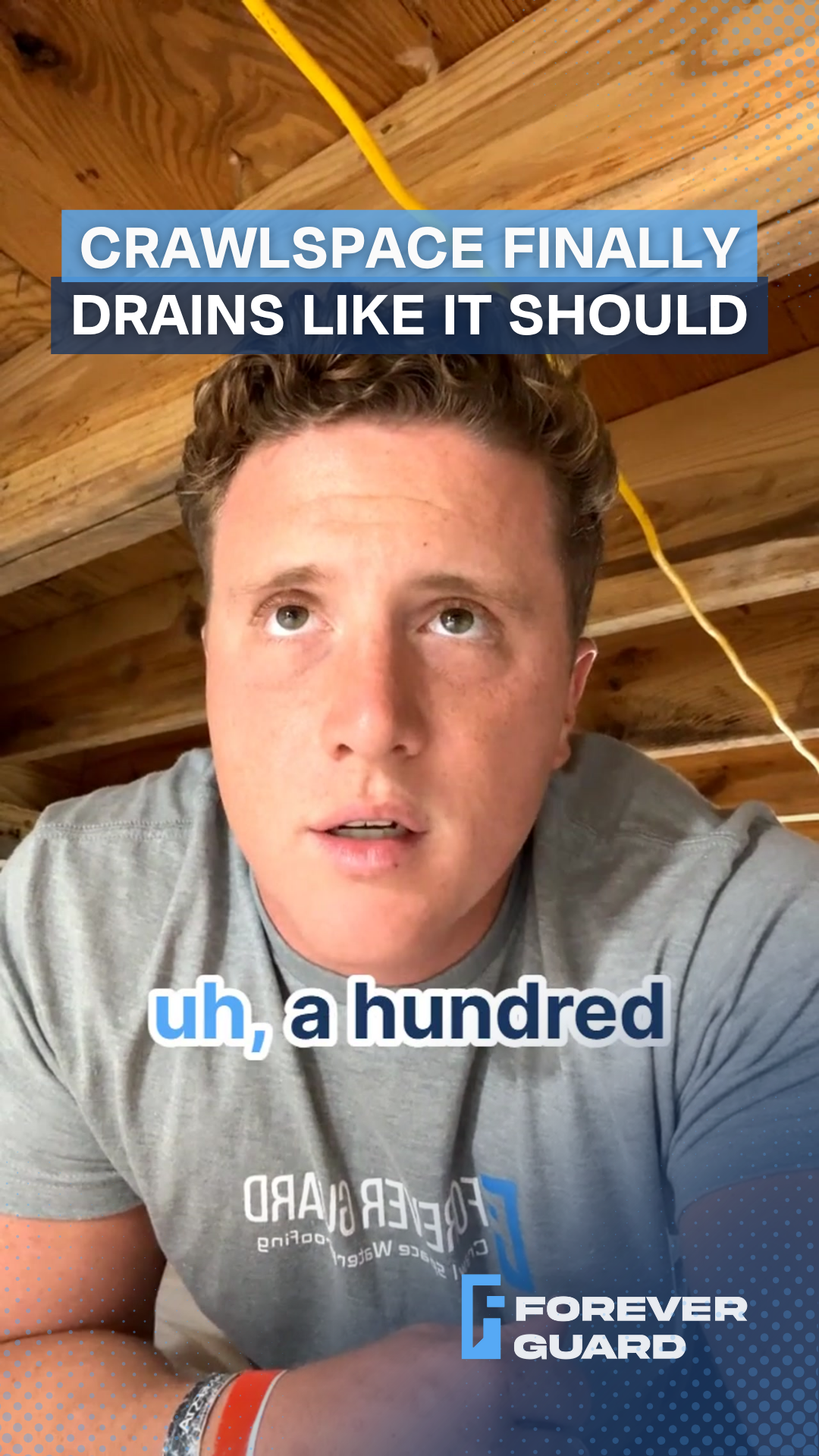 Man in crawlspace, blue text: