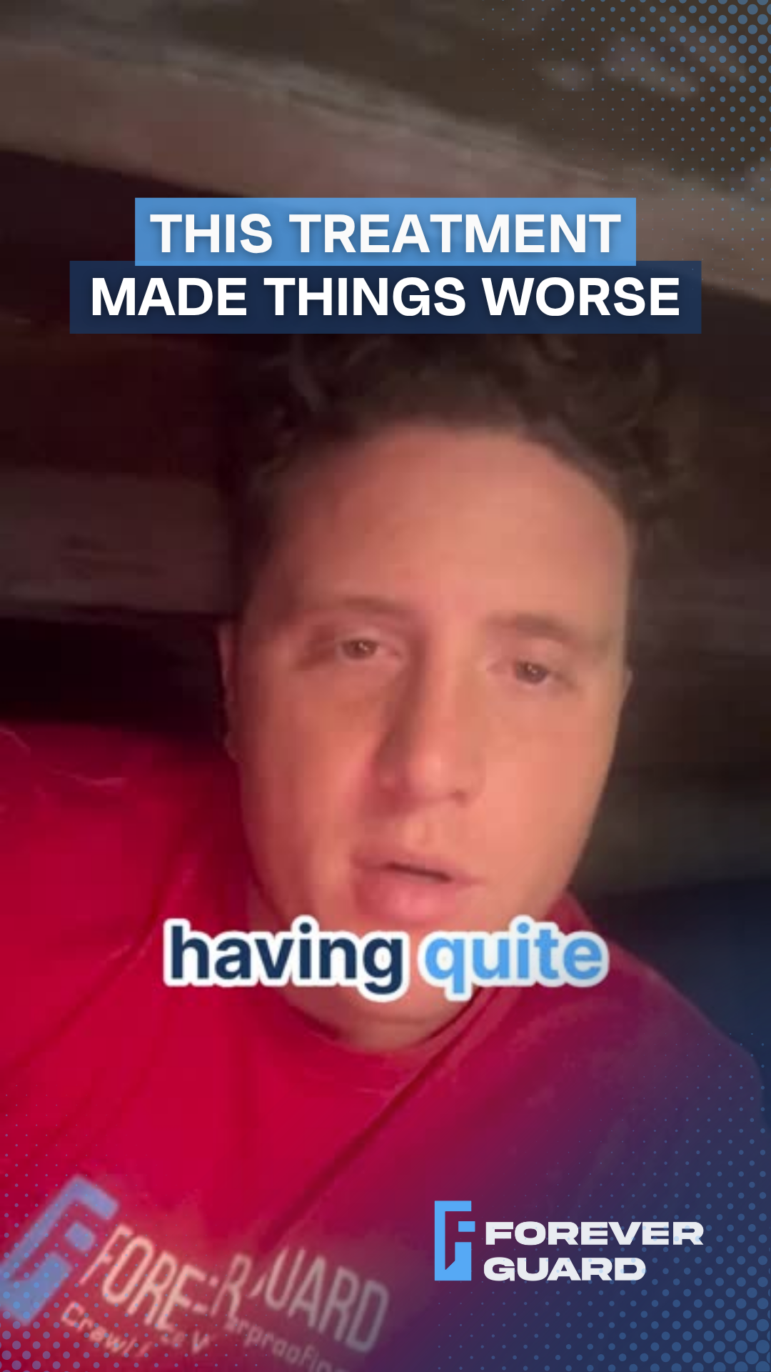 Man in red shirt talking, text 