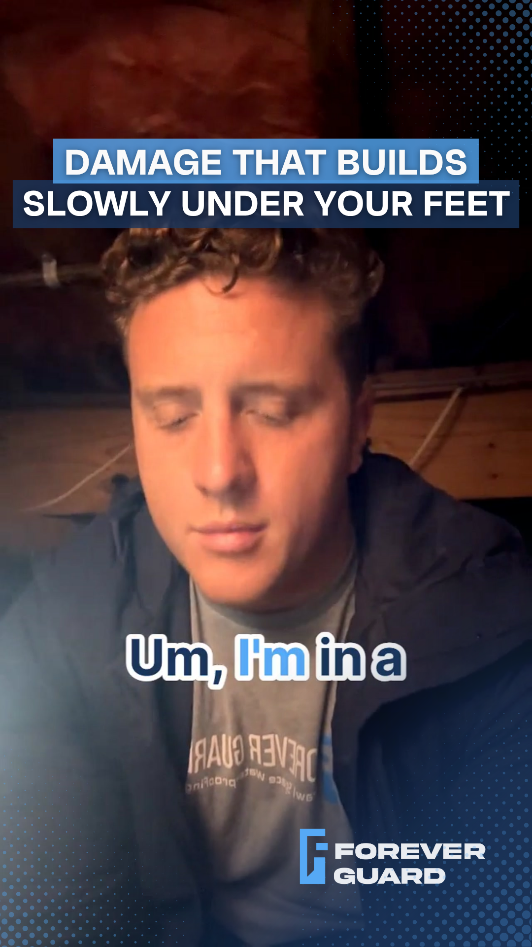 Man speaking from under a building; text: