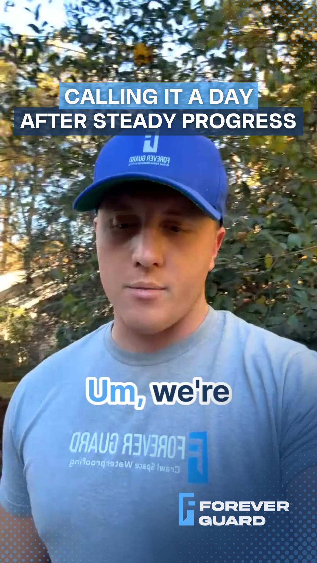 Man in a blue cap and gray shirt, speaking outdoors. Text: