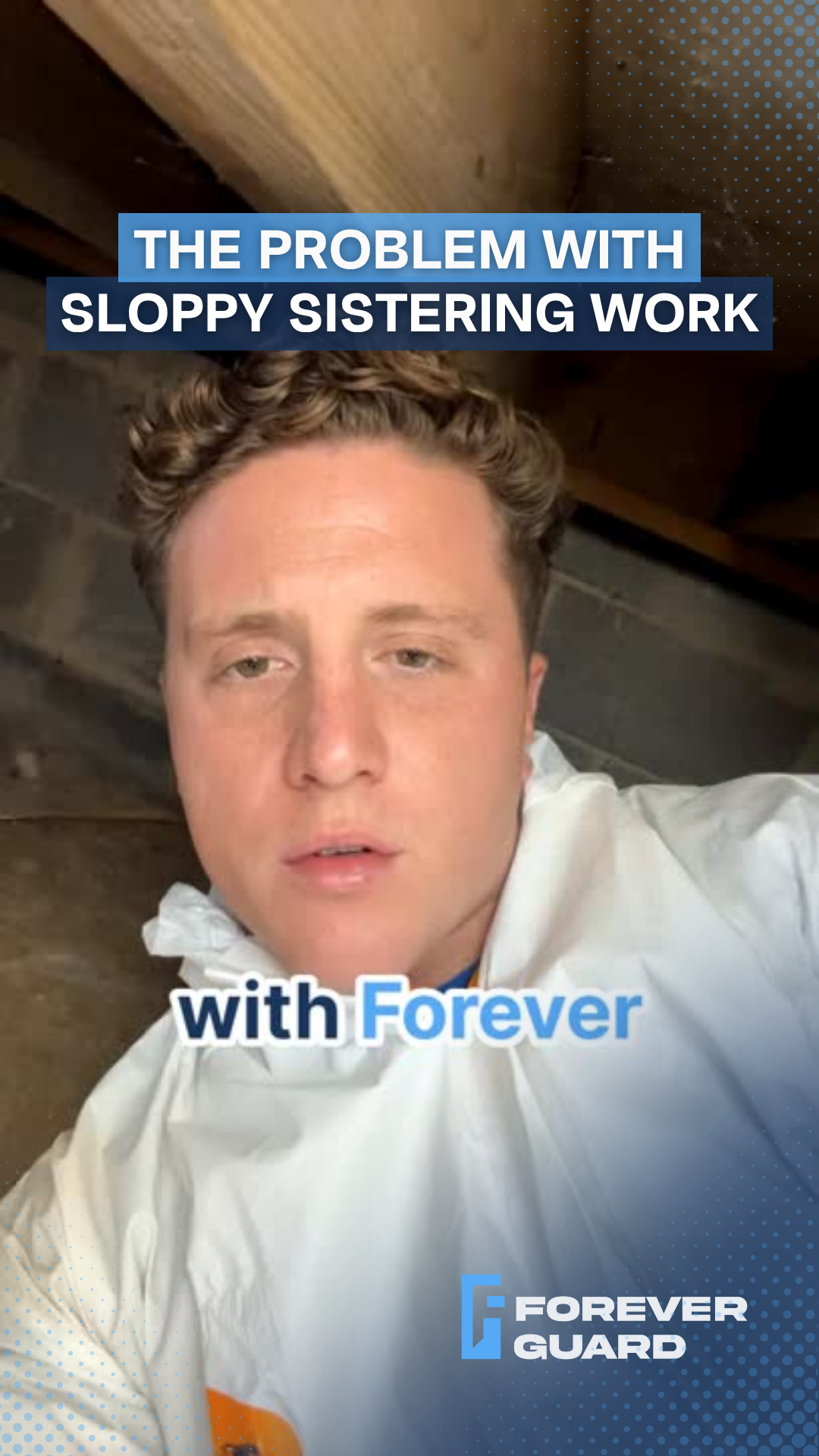 Man in white protective suit, text reads 