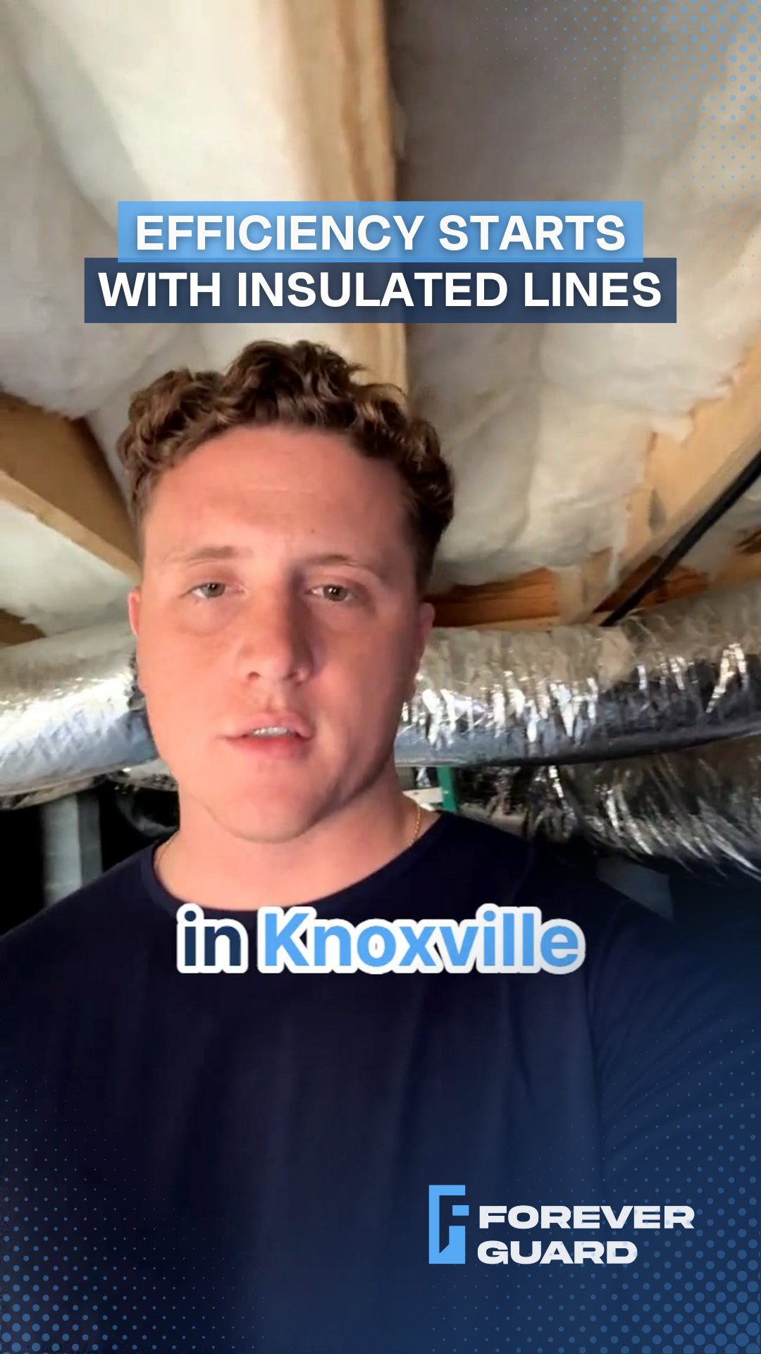 Man in blue shirt speaks near insulated pipes, text