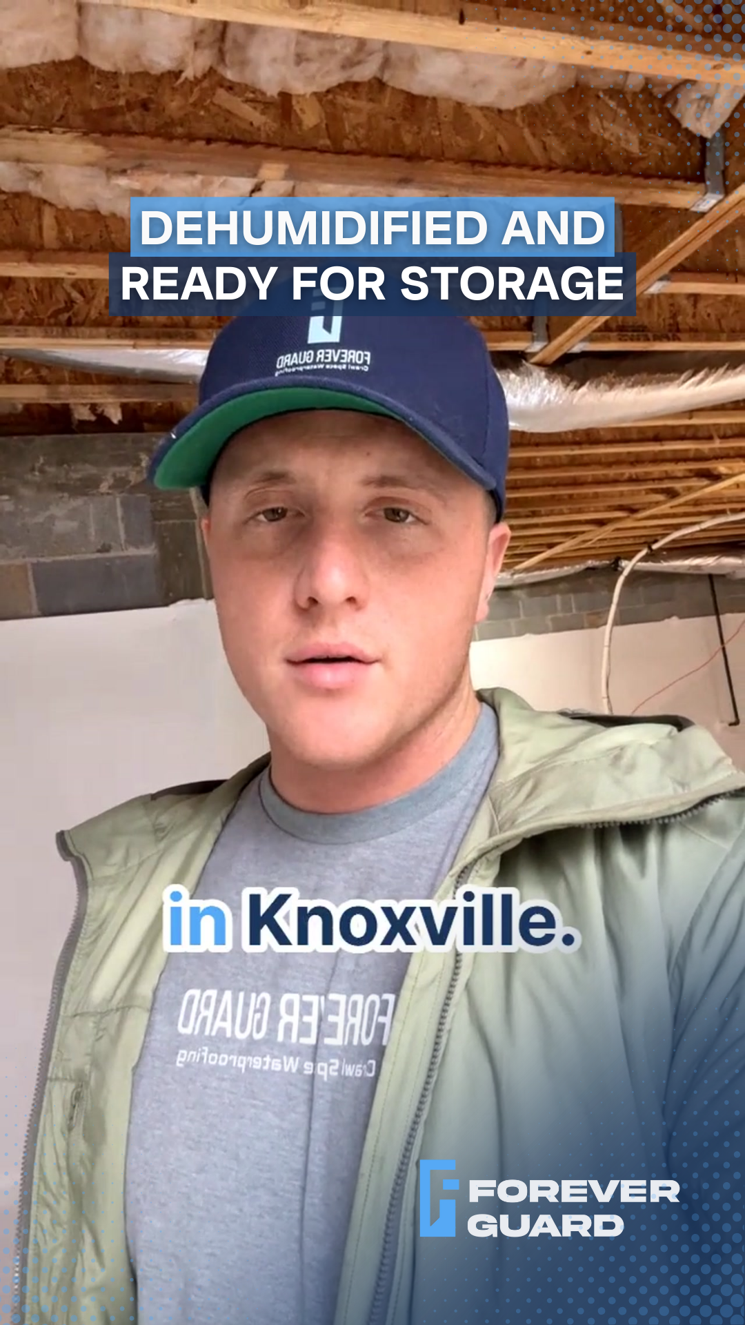 Man in hat in basement, text