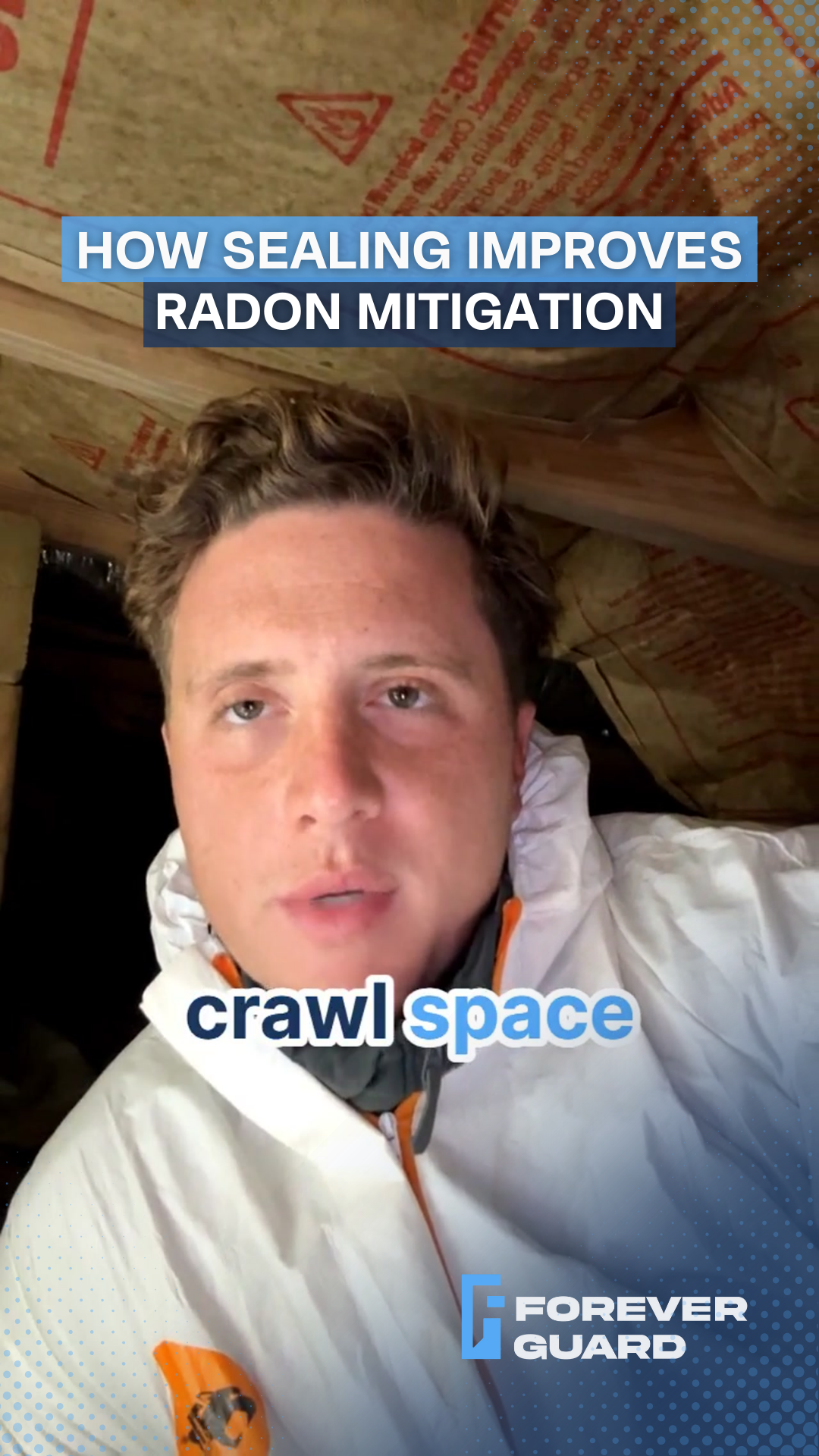 Man in protective suit in crawl space, title reads 