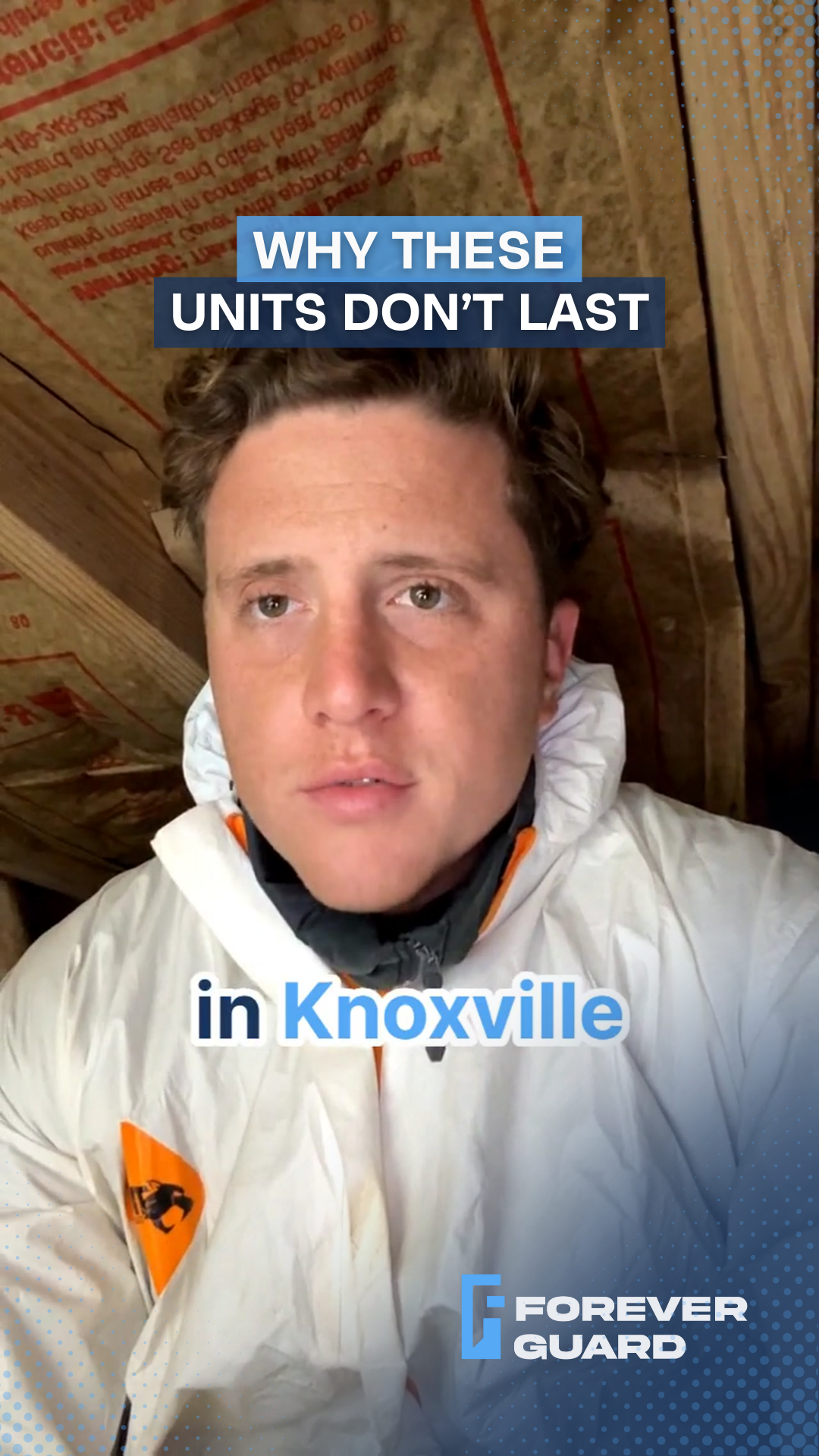 Man in protective suit in an attic, text: 