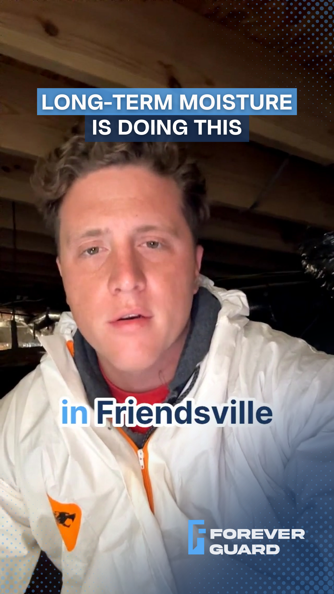 Man in a white protective suit speaking, text states 